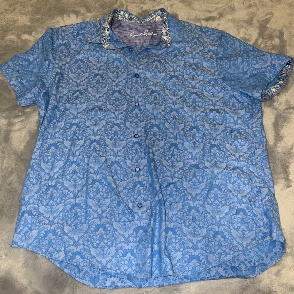 Robert Graham Mens 2XL Blue Damask Print Short Sleeve Shirt Classic Fit